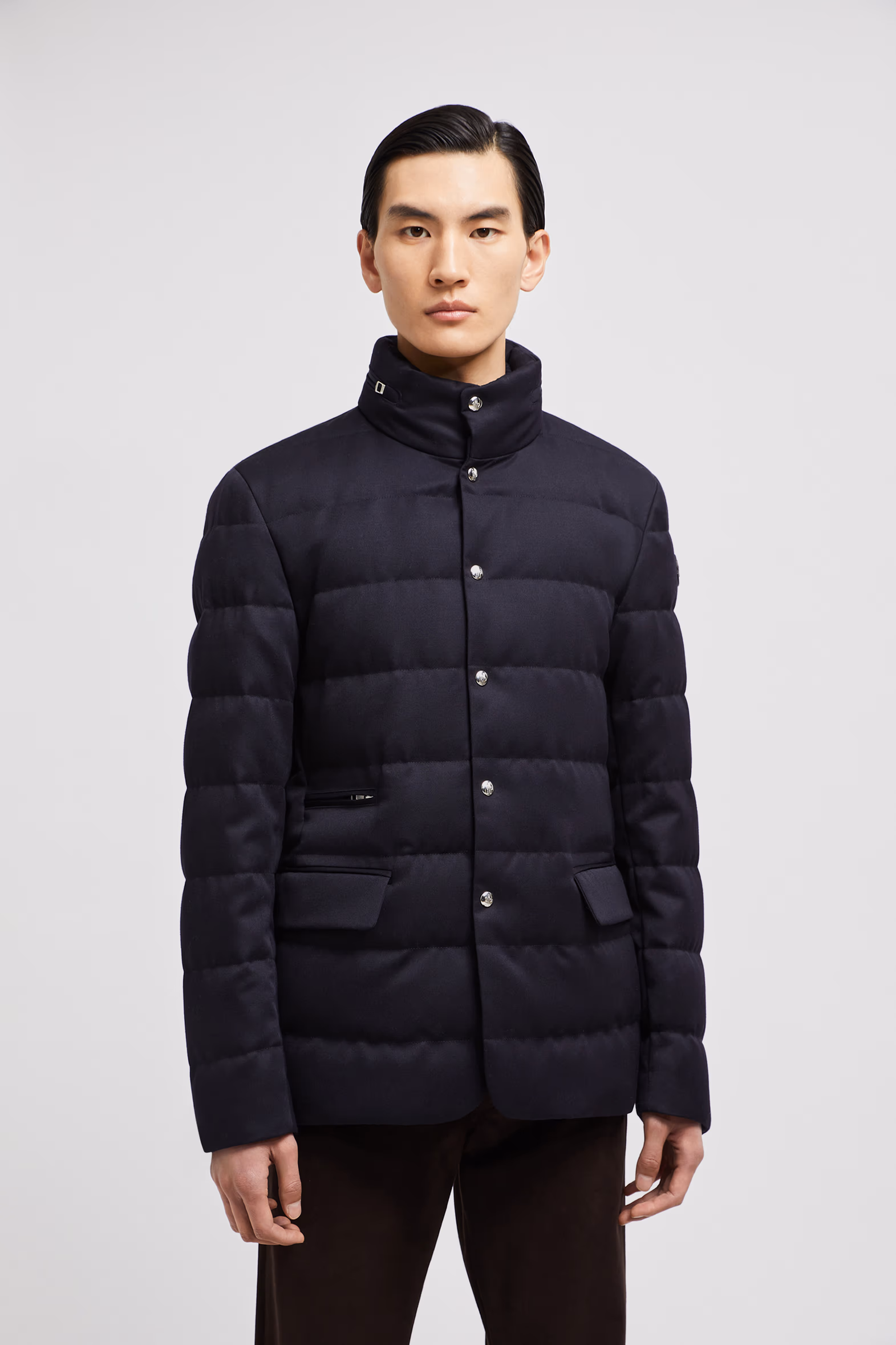 Bess Hooded Wool Short Down Jacket Men Navy Blue Moncler 3